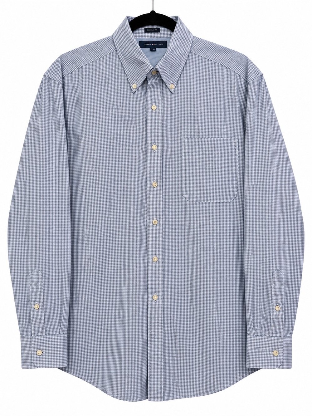 Tommy Hilfiger Men’s Blue Gingham Button-Down Shirt – Regular Fit Size Large